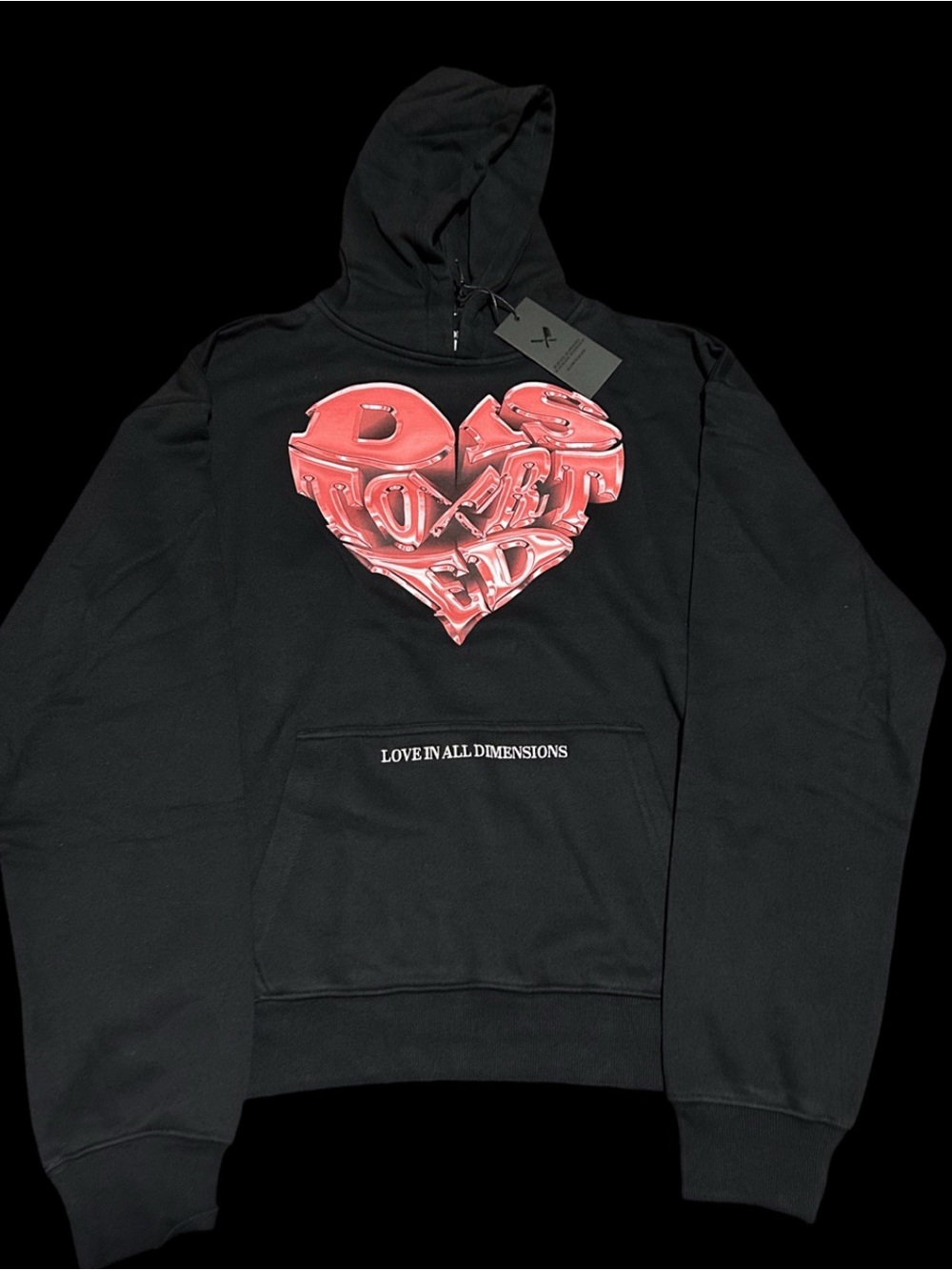 Distorted People Black Hoodie with Red 3D Heart Graphic